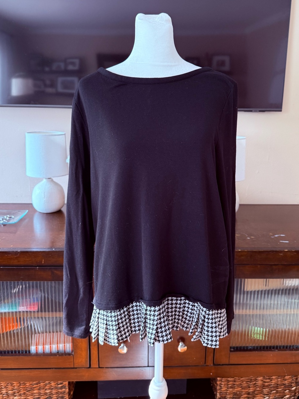 J. Crew Black Long-Sleeve Top with Houndstooth Ruffle Hem
